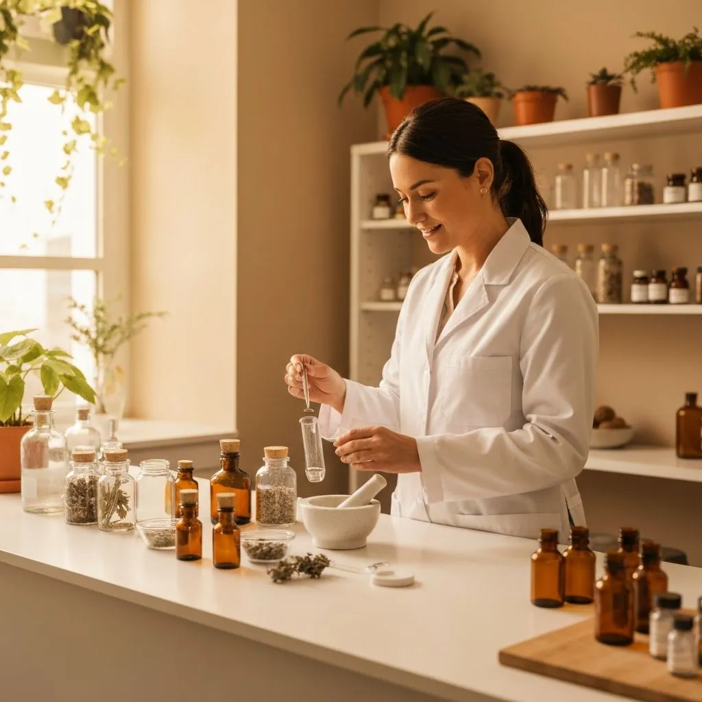 Farmacêutica especializada preparando medicamentos manipulados no laboratório O Hervanário