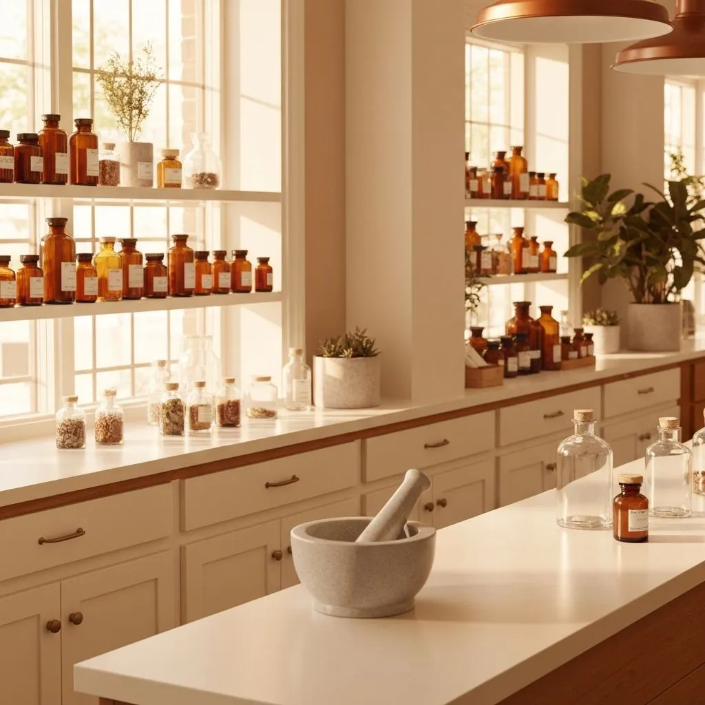 Laboratório de manipulação farmacêutica O Hervanário em São Paulo com bancada de trabalho, equipamentos de precisão e ingredientes naturais