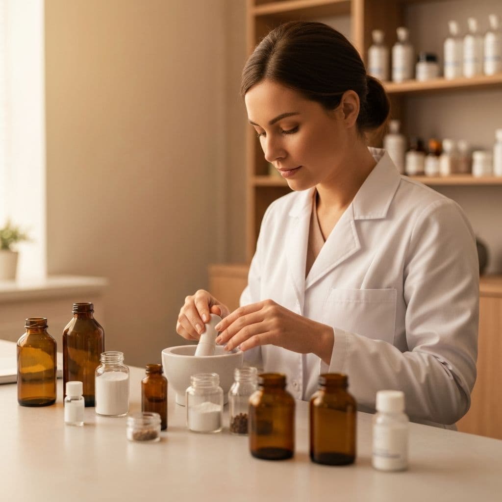 Farmaceutica preparando dermocosmeticos personalizados no laboratorio do Hervanario