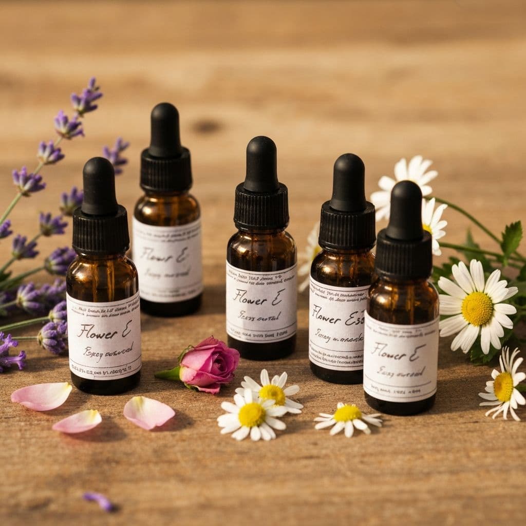 Essencias florais em frascos ambar com flores naturais