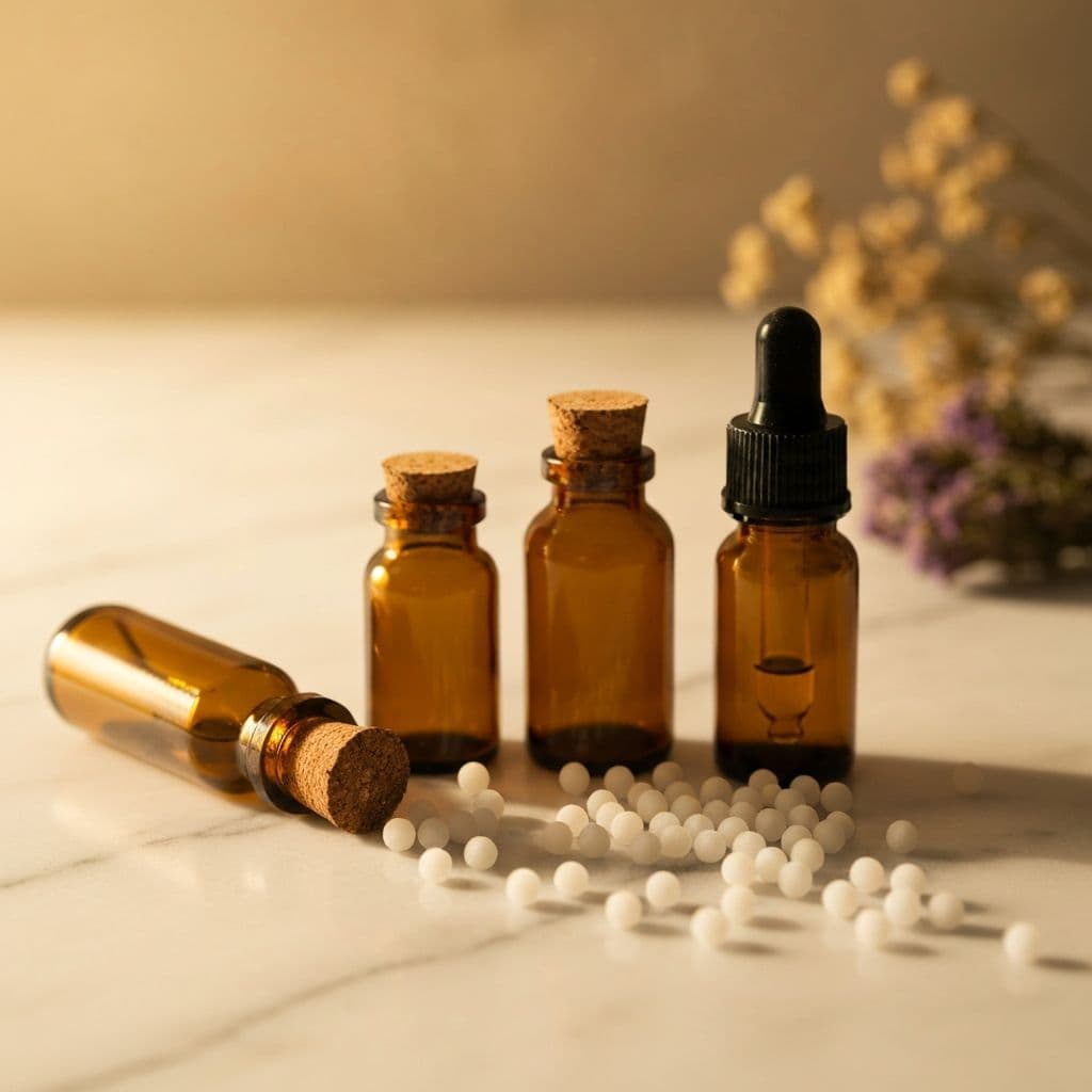 Globulos e frascos homeopaticos com ingredientes naturais